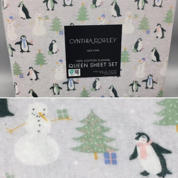 3pc Cynthia Rowley Christmas Trees Penguins Snowman Flannel QUEEN Sheet Set Gift - Picture 1 of 6